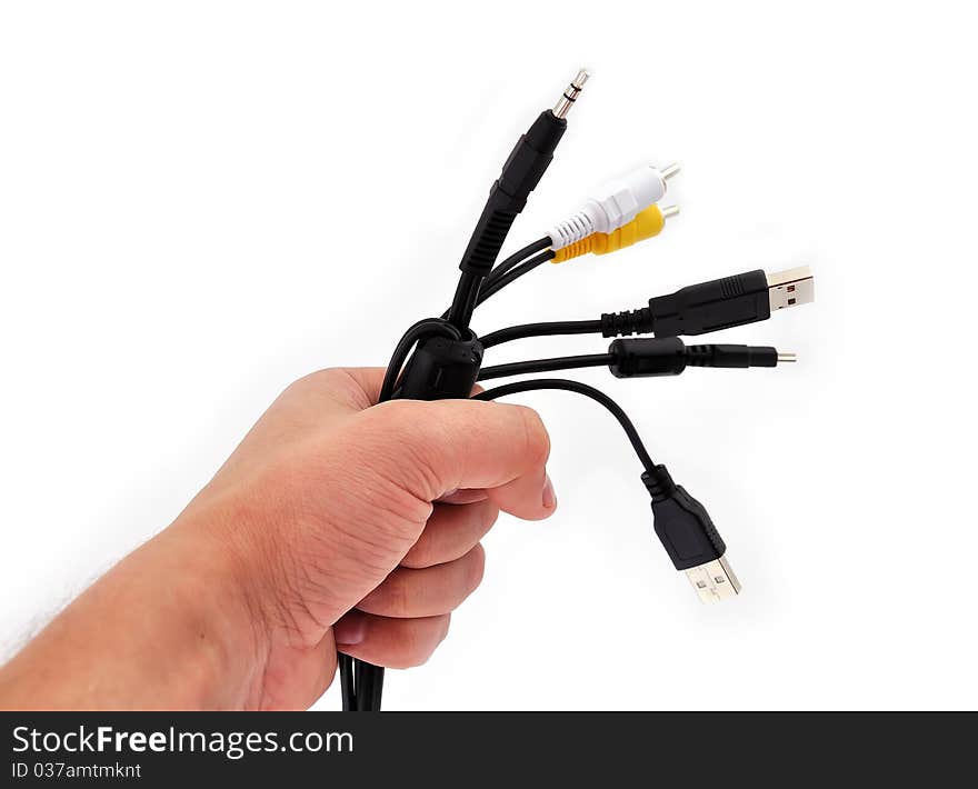 Computer wire in his hand on a white background