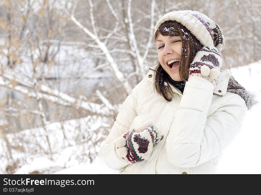 Closeup portrait of a cute girl walking outdoor in winter