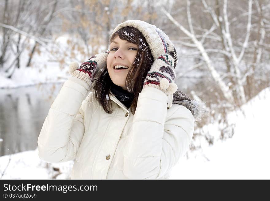 Closeup portrait of a cute girl walking outdoor in winter