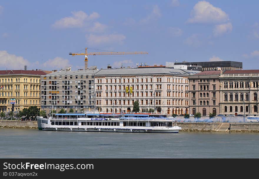 Cruise ship from above in Danube at Budapest. Cruise ship from above in Danube at Budapest.