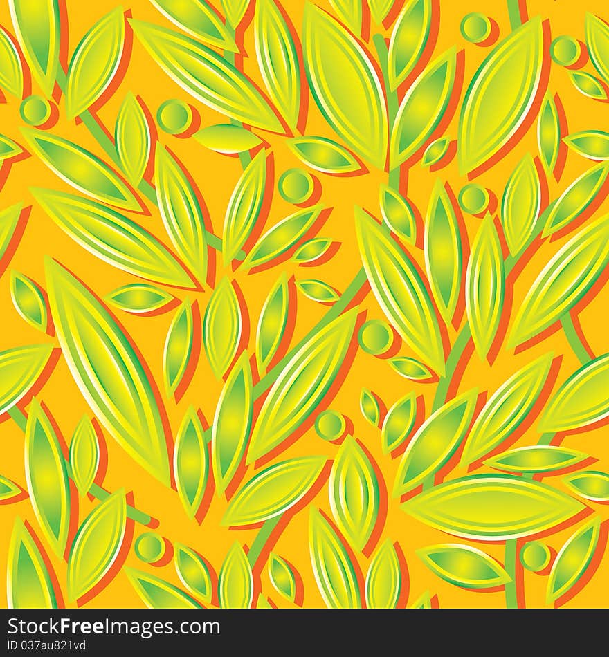 Abstract composition of the green leaves of the orange background, sample. Abstract composition of the green leaves of the orange background, sample