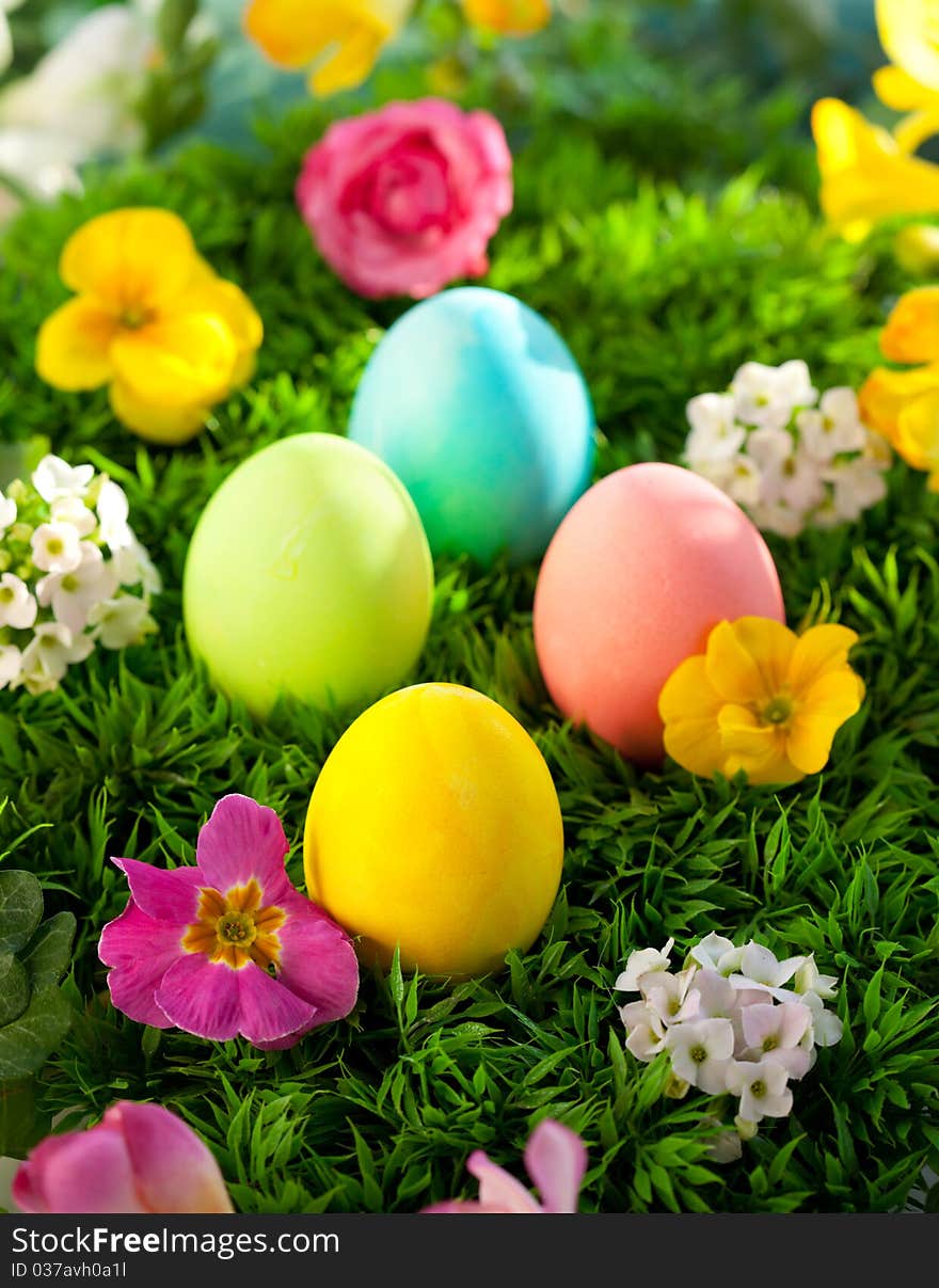 Colorful Easter Eggs on the grass