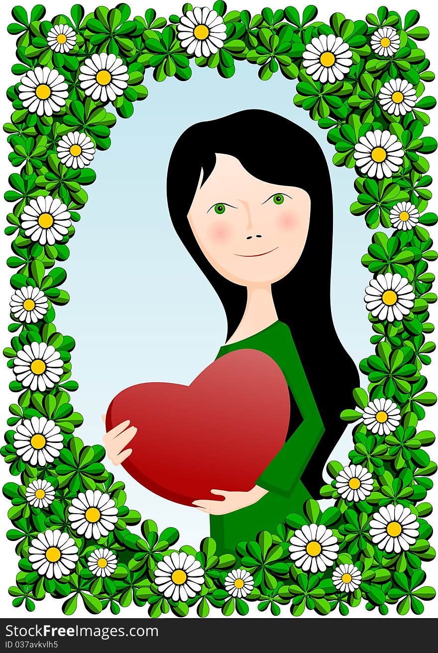 Beautiful girl with a red heart, color illustrations