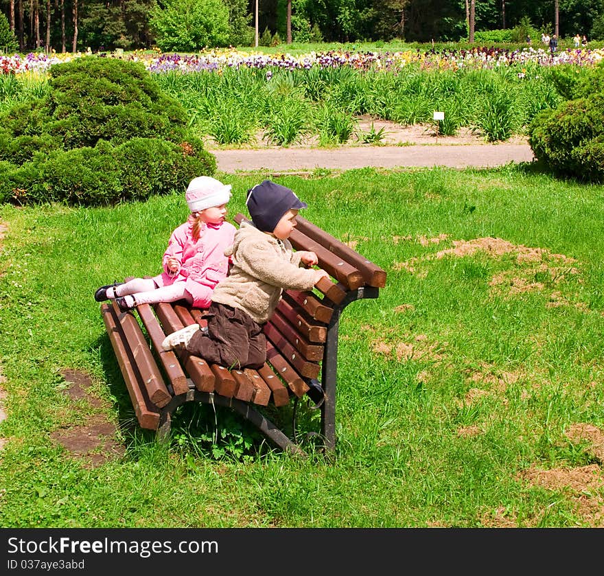 Little boy and girl in park on a bench