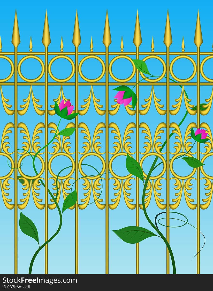 Wrought iron fence and rose are shown in the picture. Wrought iron fence and rose are shown in the picture.