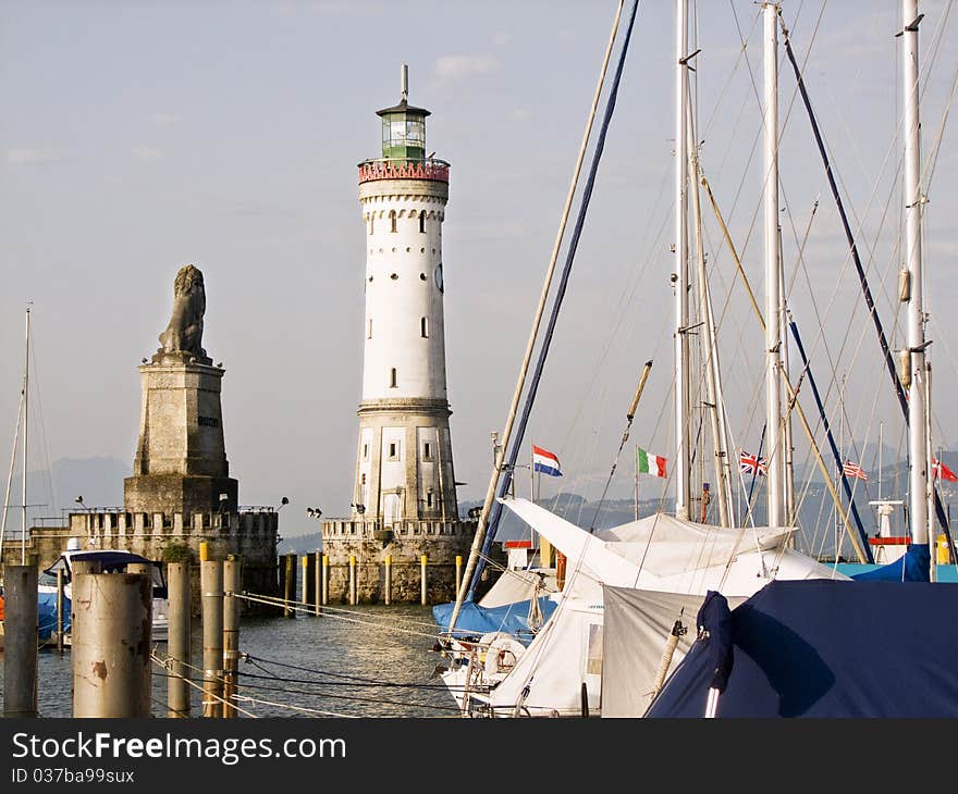 The harbour of Lindau, a island in the lake of constance with the beacon an the bavarian lion.