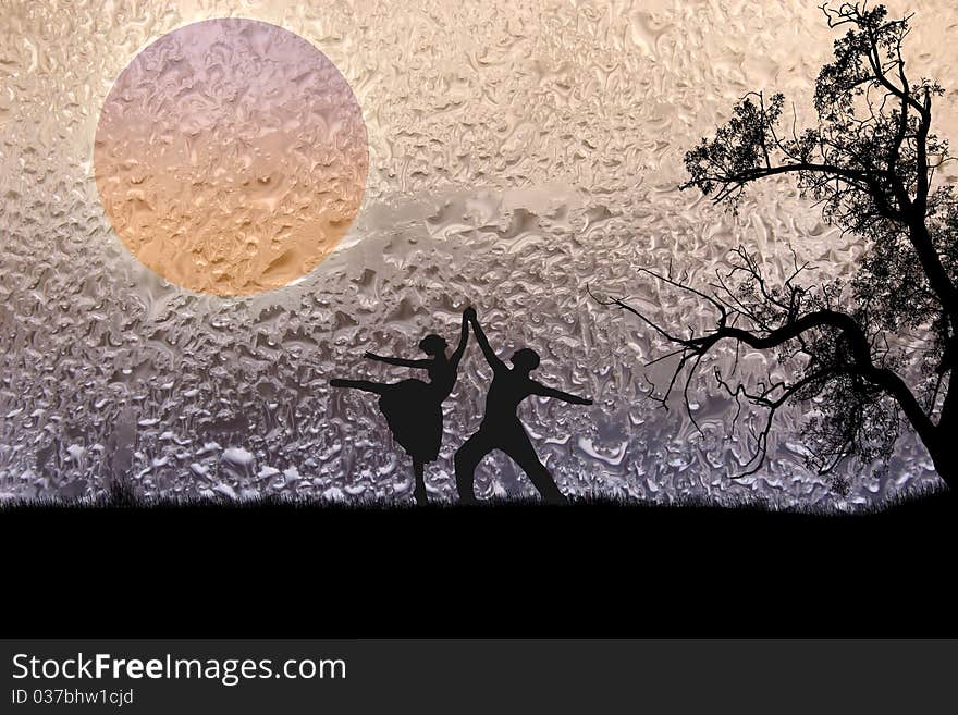 Couple dancing on sunset landscape, on water drops texture background. Couple dancing on sunset landscape, on water drops texture background