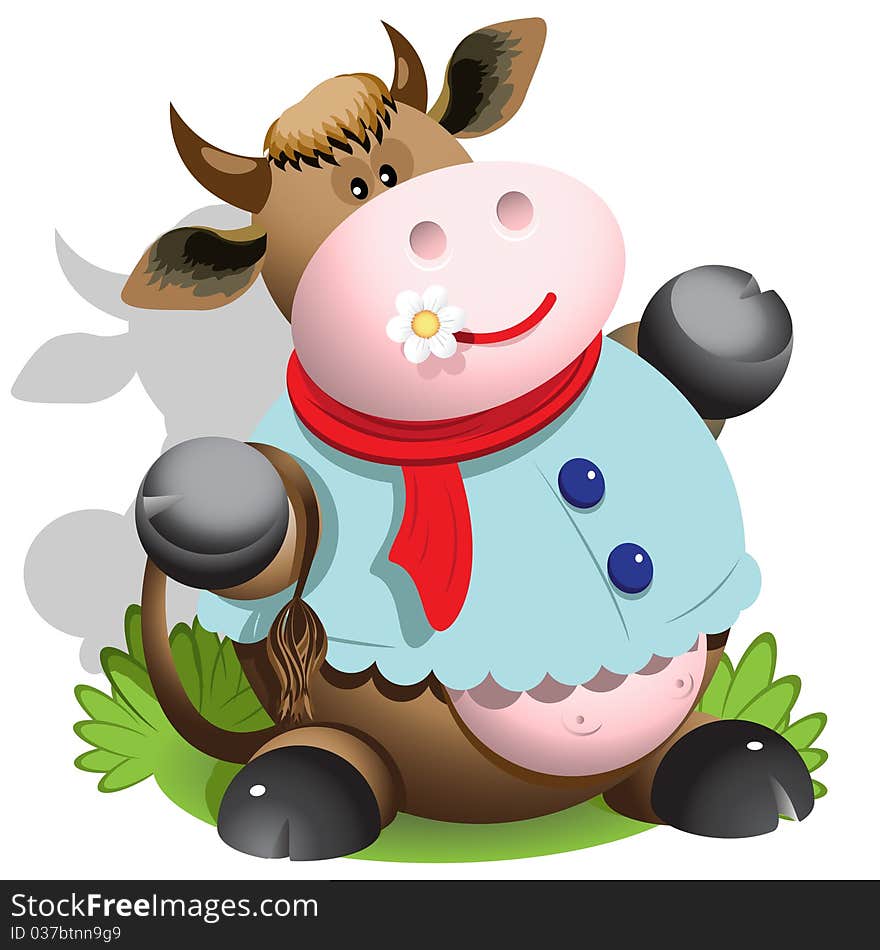 Illustration, merry of a cartoon cow with flower