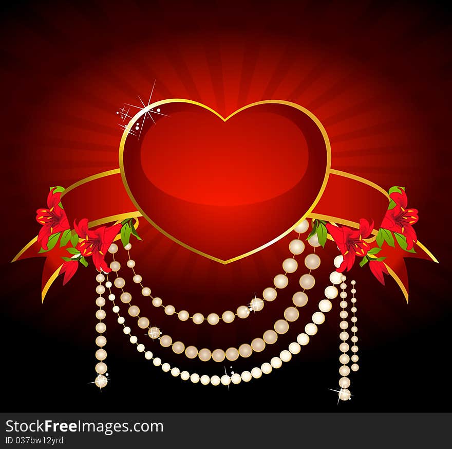 Red heart with ribbon and beautiful flower