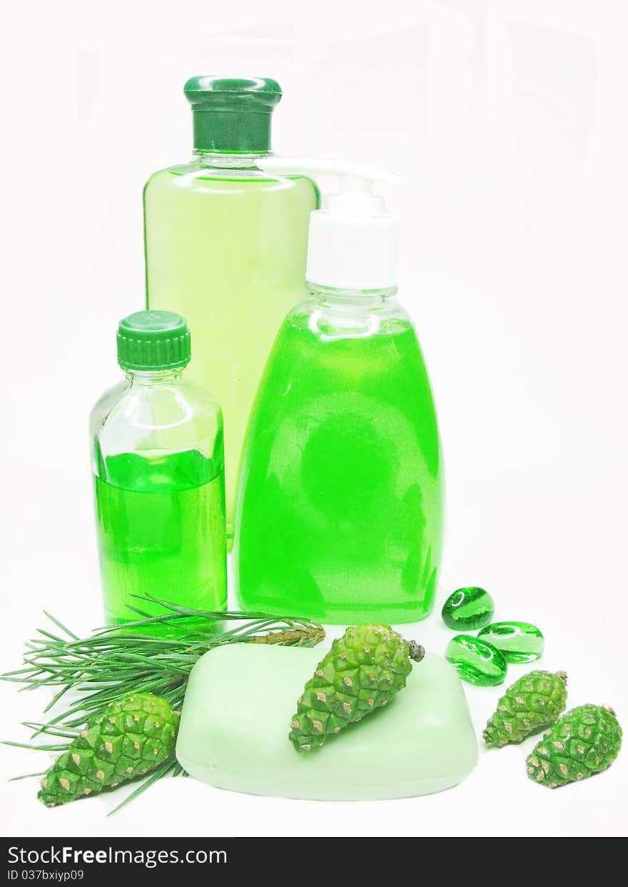 Green shower gel bottle with fir natural coniferous extract. Green shower gel bottle with fir natural coniferous extract