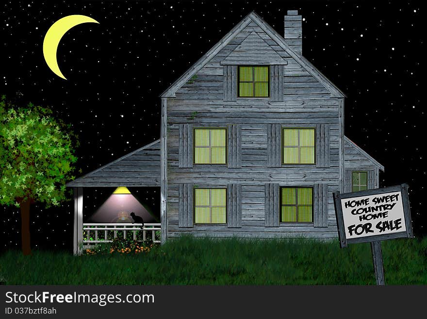 Old peaceful country home with a starry night and a for sale sign in the front yard. Old peaceful country home with a starry night and a for sale sign in the front yard.