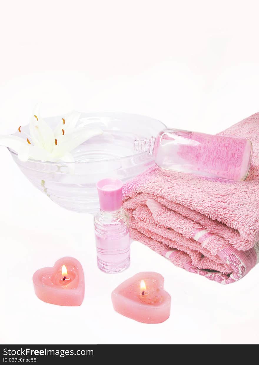 Spa candles towel essences and white lily. Spa candles towel essences and white lily