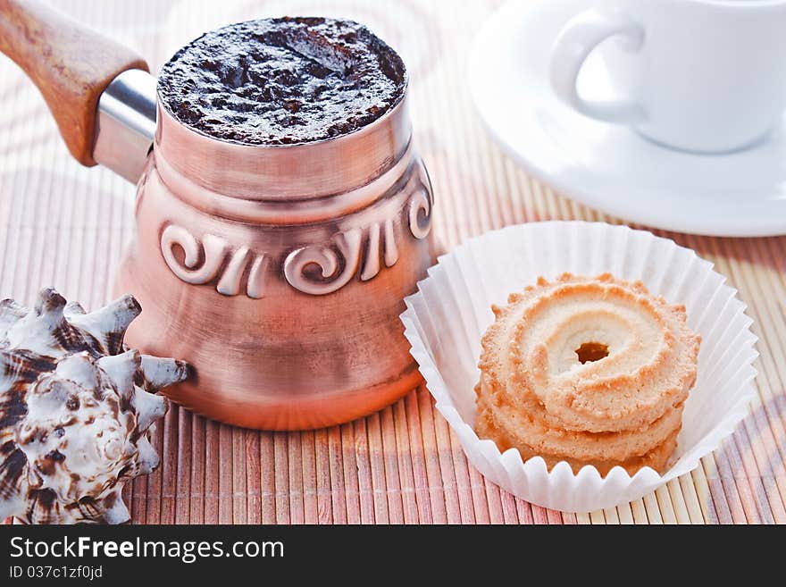 Turkish Coffee In Copper Coffee Pot And Cookies