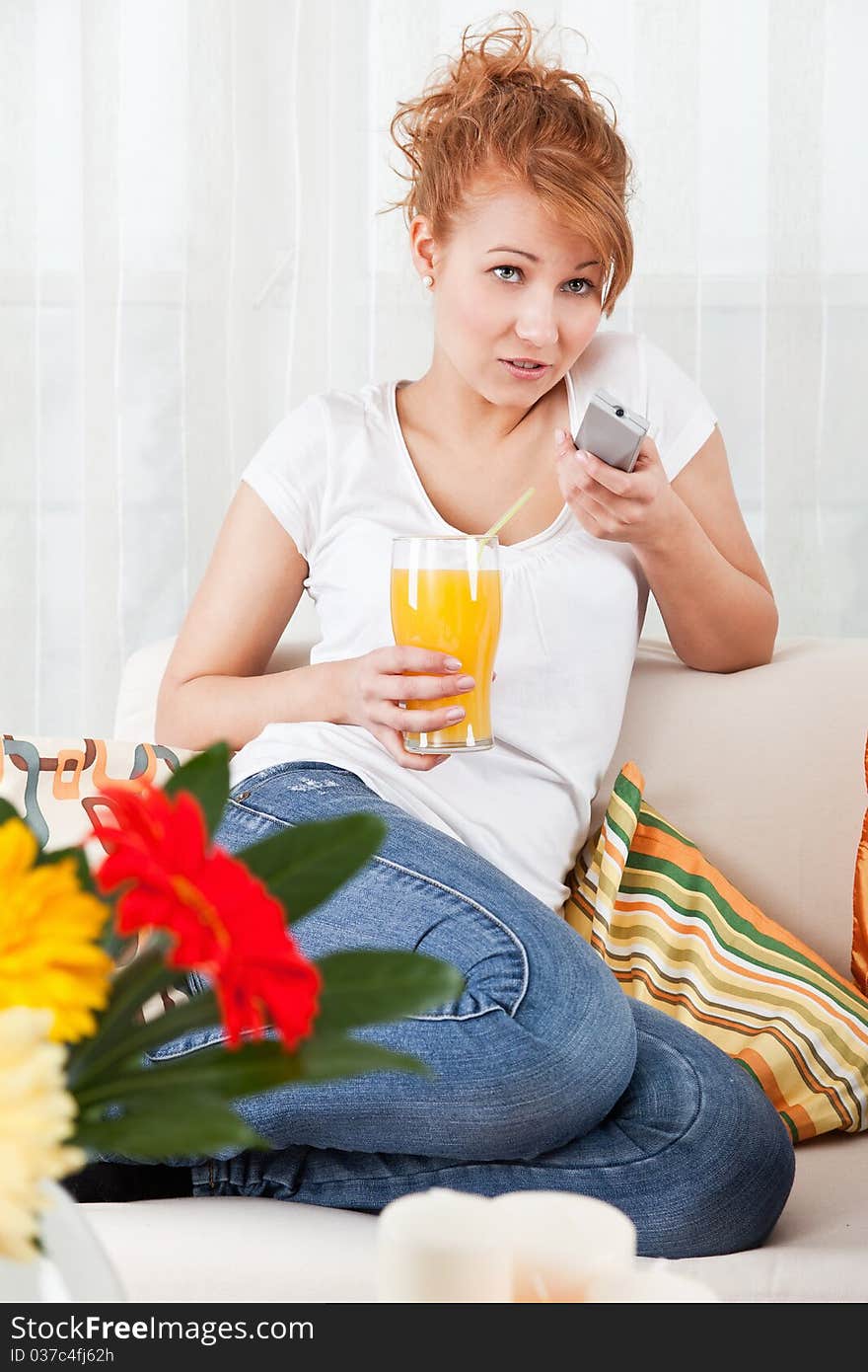 Beauty, Young Girl Holding A Glass Of Juice