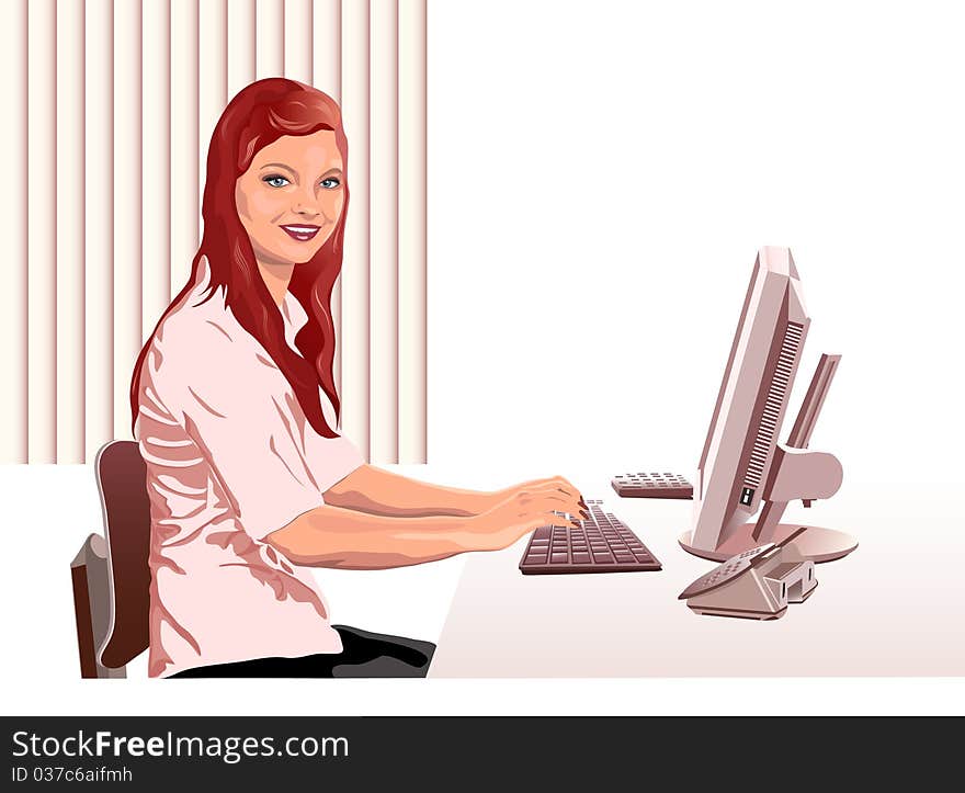 The girl behind the computer.She is a businesswoman and works in the office.Additionally, a vector EPS format