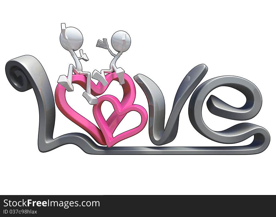 3D characters hugging on the word love.