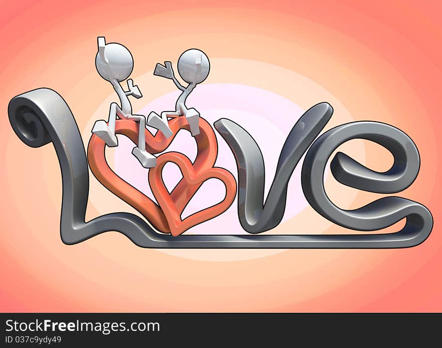 3D characters hugging on the word love.