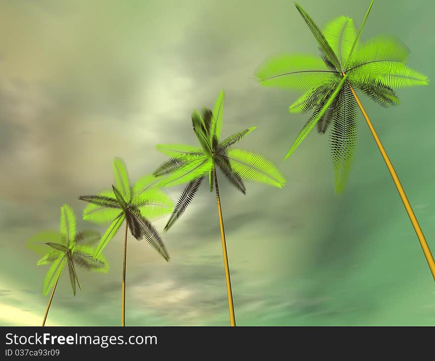 Palm trees standing in a row against the cloudy sky. 3d computer modeling