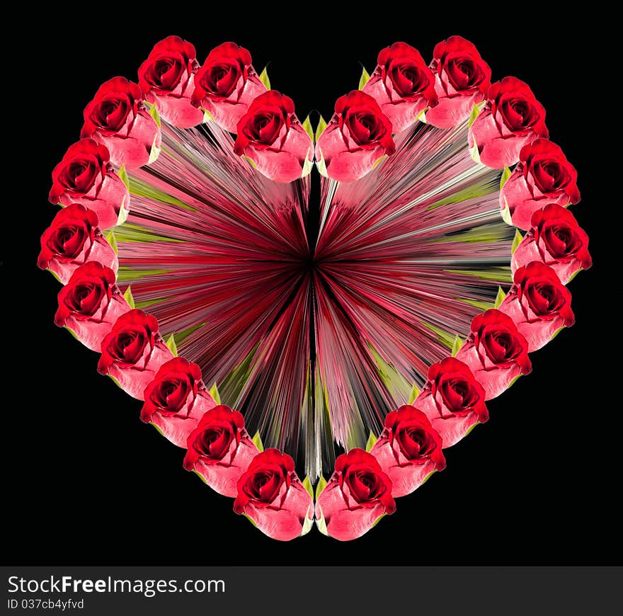 Heart made up of roses on a black background