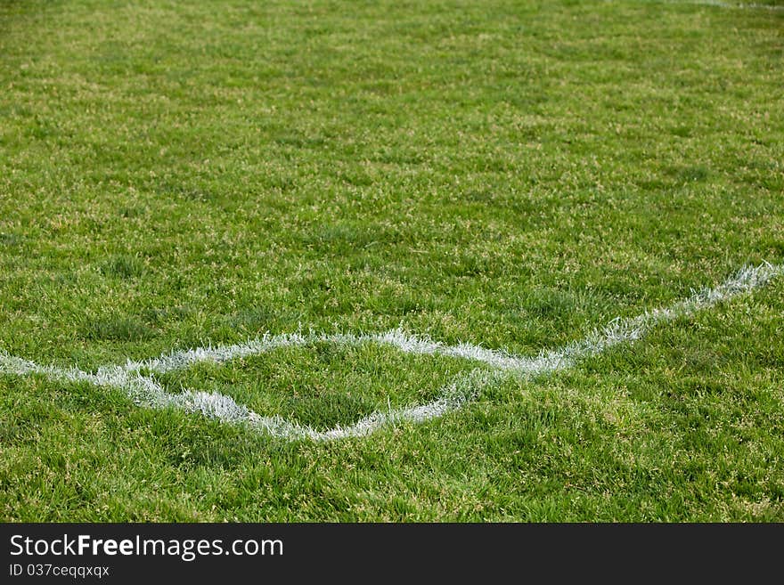 A White line on a soccer field with green grass