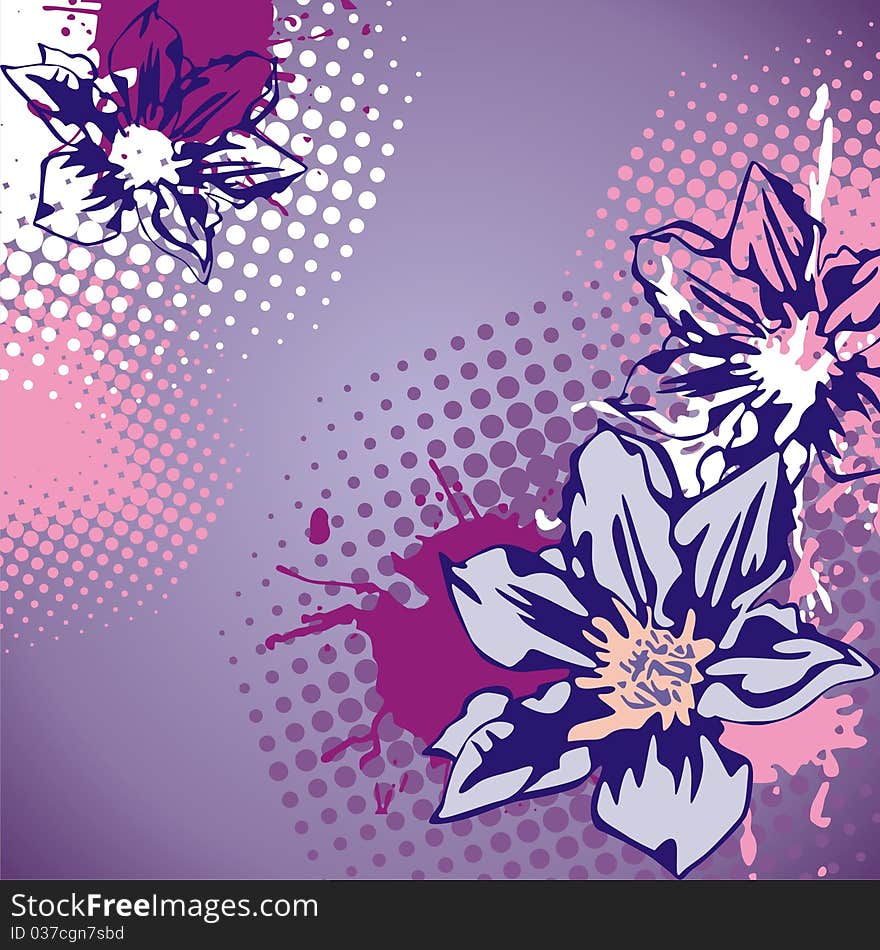 Postcard with beautiful flowers on violet background. Vector illustration. Postcard with beautiful flowers on violet background. Vector illustration