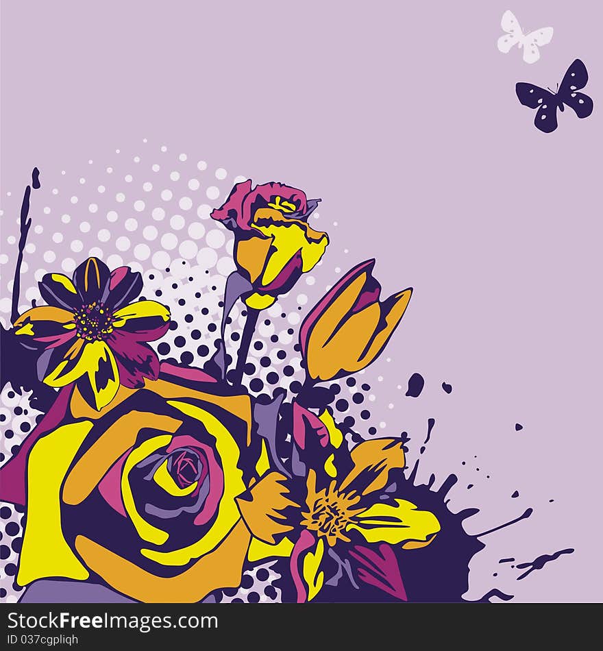 Postcard with beautiful flowers on violet background. Vector illustration. Postcard with beautiful flowers on violet background. Vector illustration