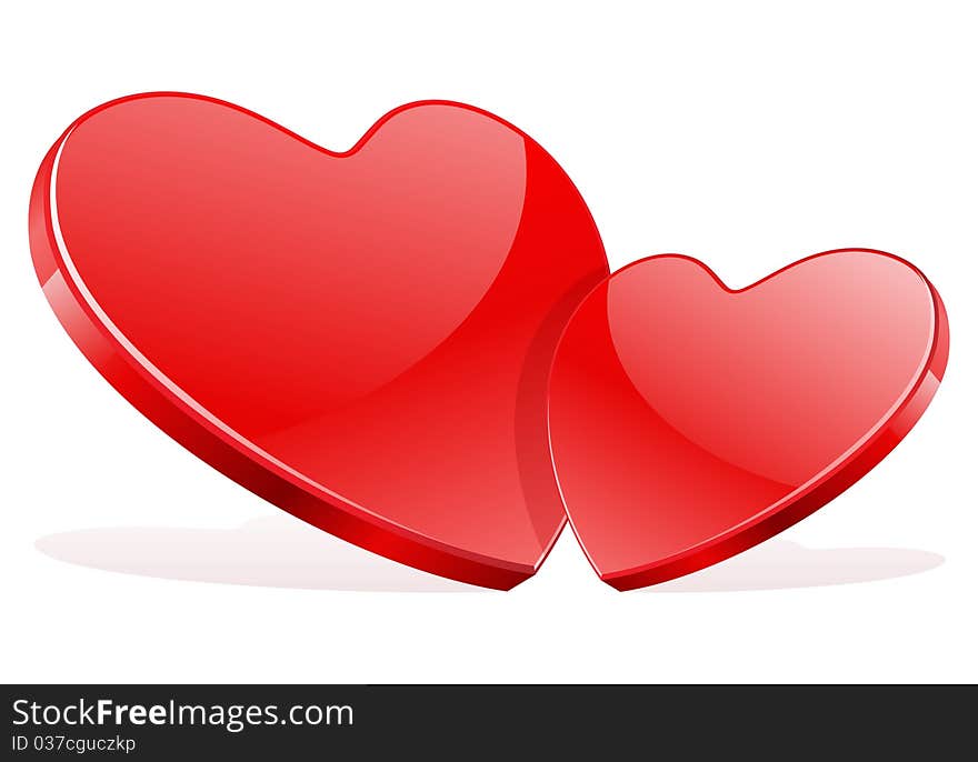 Two red glossy hearts in perspective vector illustration. Two red glossy hearts in perspective vector illustration