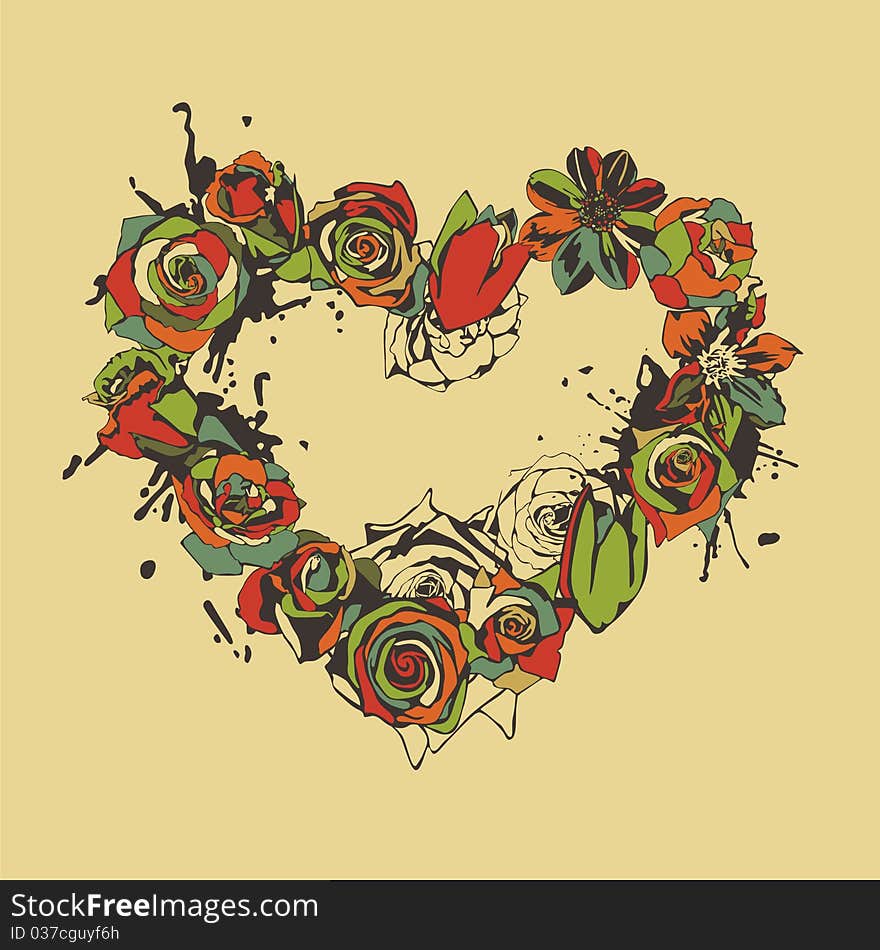 Heart consist of colorful flowers on beige background. Vector illustration. Heart consist of colorful flowers on beige background. Vector illustration