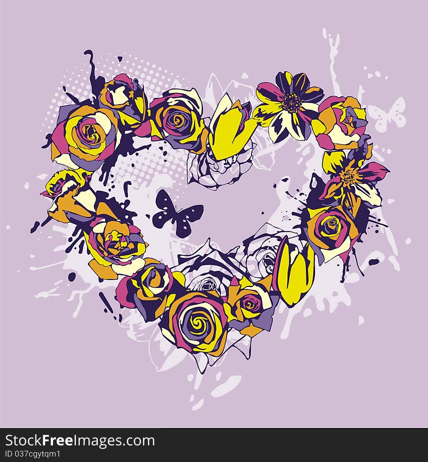 Heart consist of colorful flowers on violet background. Vector illustration. Heart consist of colorful flowers on violet background. Vector illustration