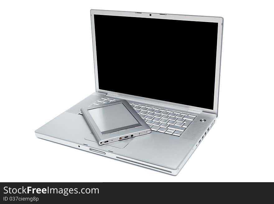 Laptop and reader on a white background