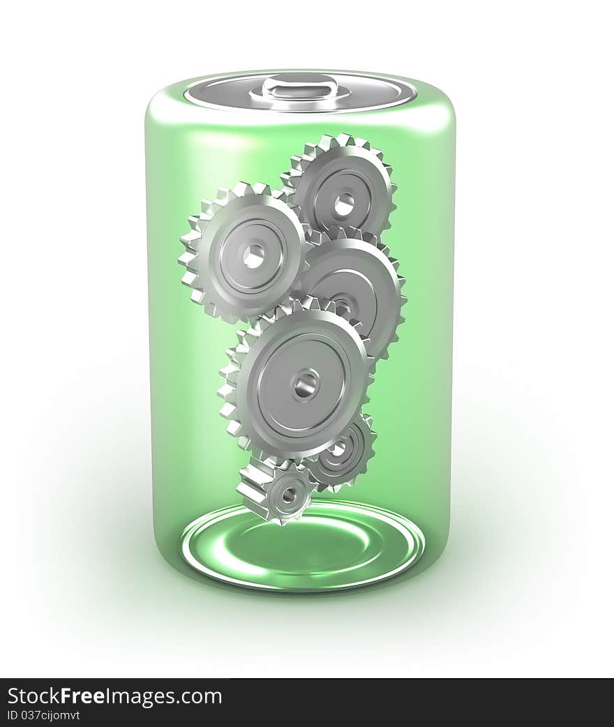 Battery concept with cogs isolated on white