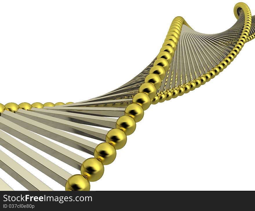 Model of DNA from white metal rods and yellow metal balls on a white background №1. Model of DNA from white metal rods and yellow metal balls on a white background №1