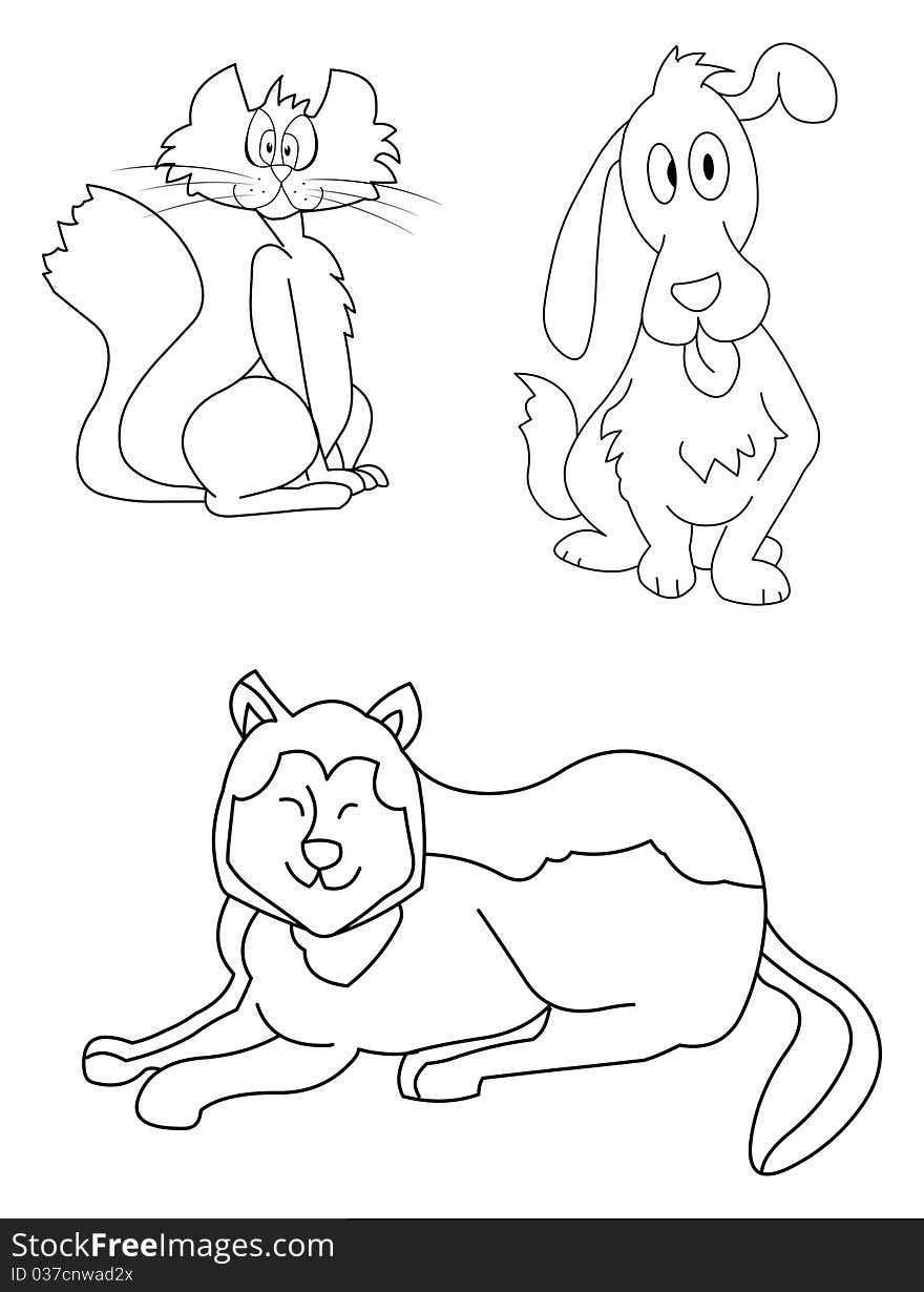 Cartoon illustration of a dog, puppy, kitten outline