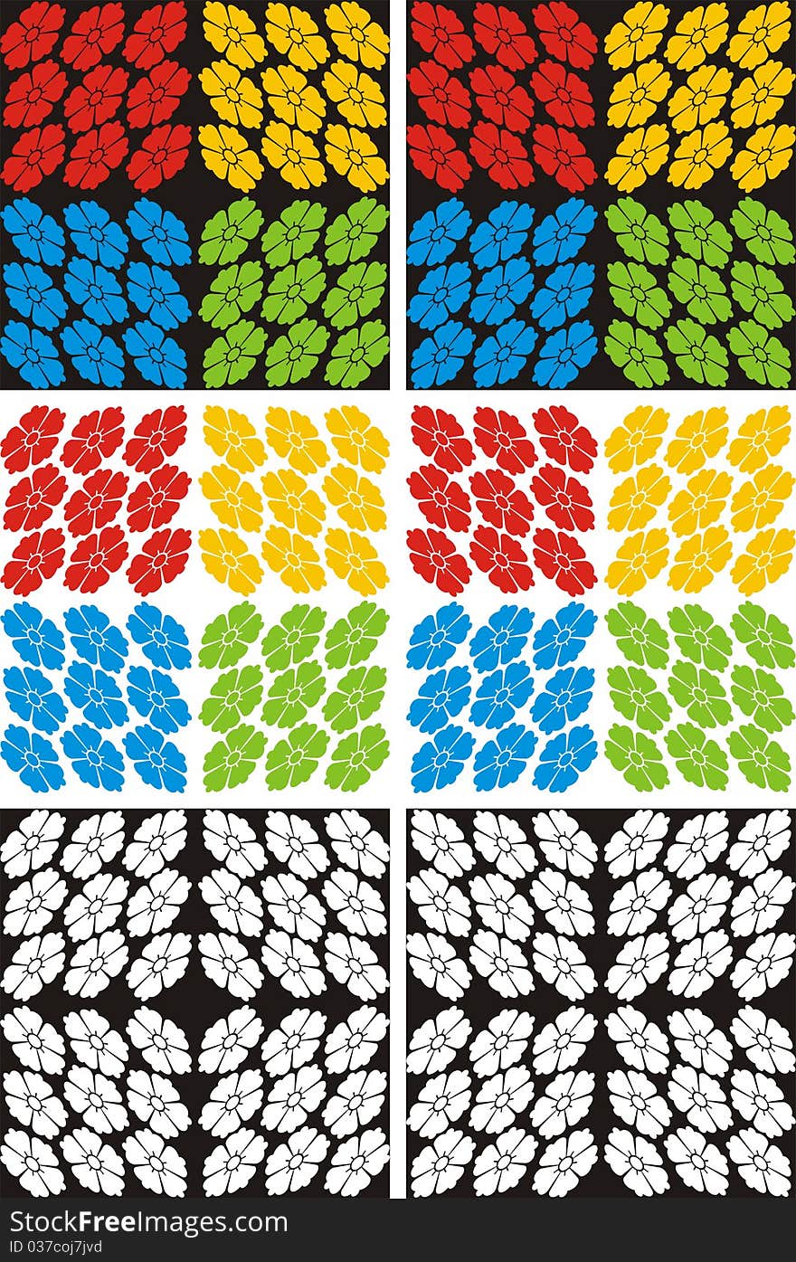 Pattern from florets texture of four colors of a rainbow: the red yellow dark blue green. Are packed in a black square in vector. Pattern from florets texture of four colors of a rainbow: the red yellow dark blue green. Are packed in a black square in vector