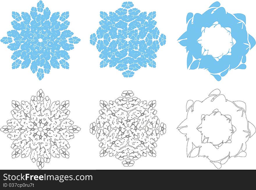 Three snowflakes different in the form on a blue background in vector