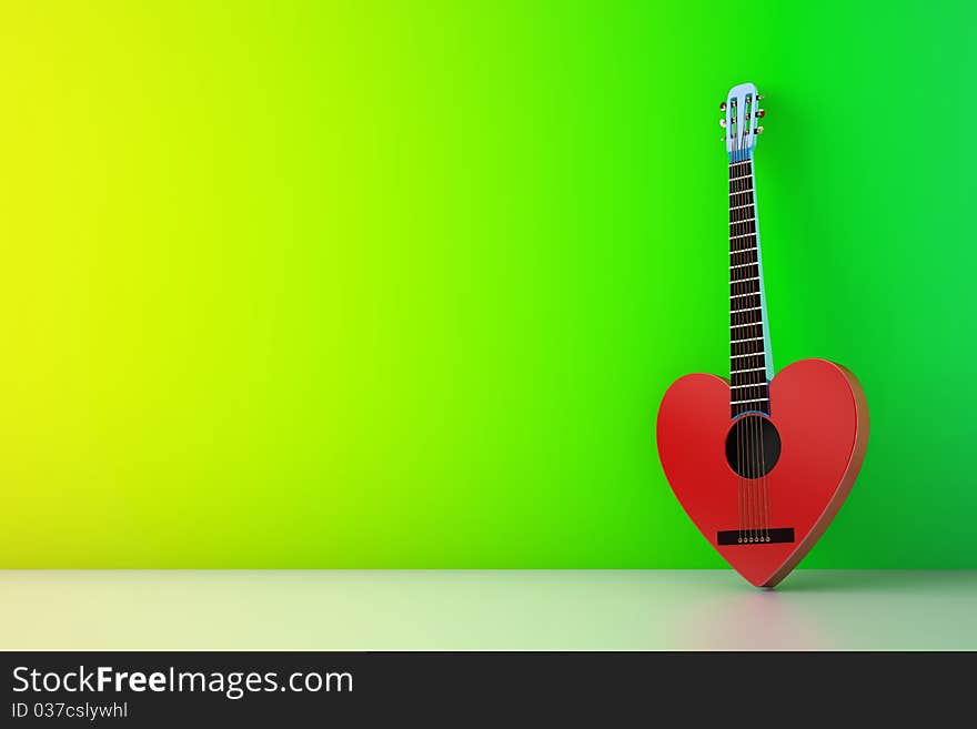 Heart shaped red guitar against green wall