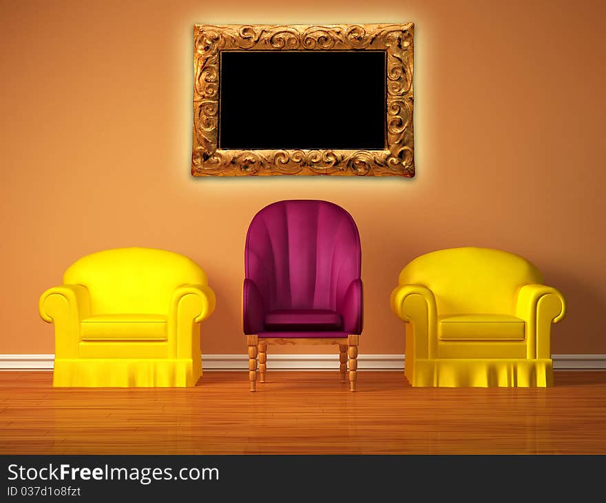 Chairs with a purple chair and picture frame