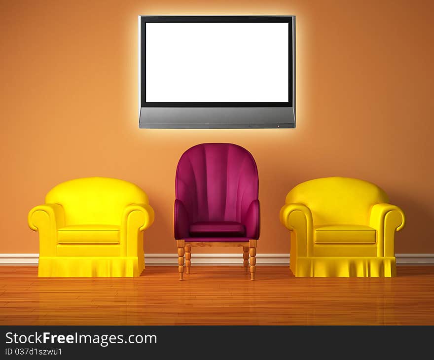 Two yellow chairs with a purple chair and lcd tv in the middle in the orange interior