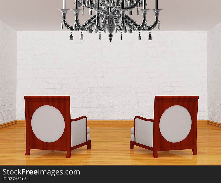 Two luxurious chairs with chandelier in gallery