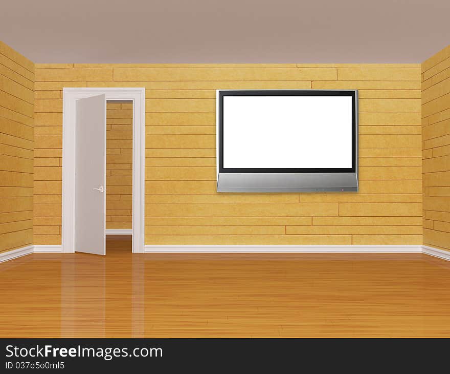 Orange room with open door and flat tv. Orange room with open door and flat tv