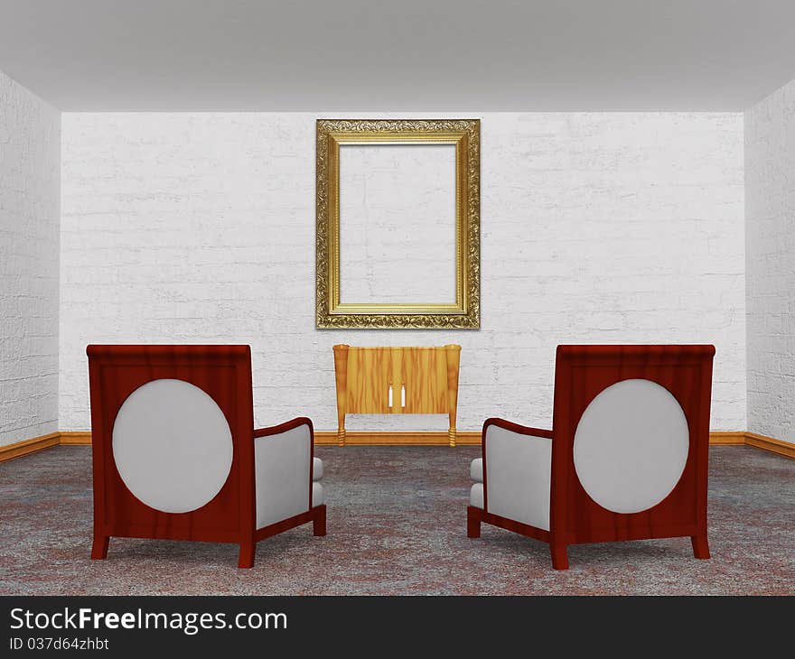 Two luxurious chairs with a wooden console and a picture frame in the minimalist interior. Two luxurious chairs with a wooden console and a picture frame in the minimalist interior