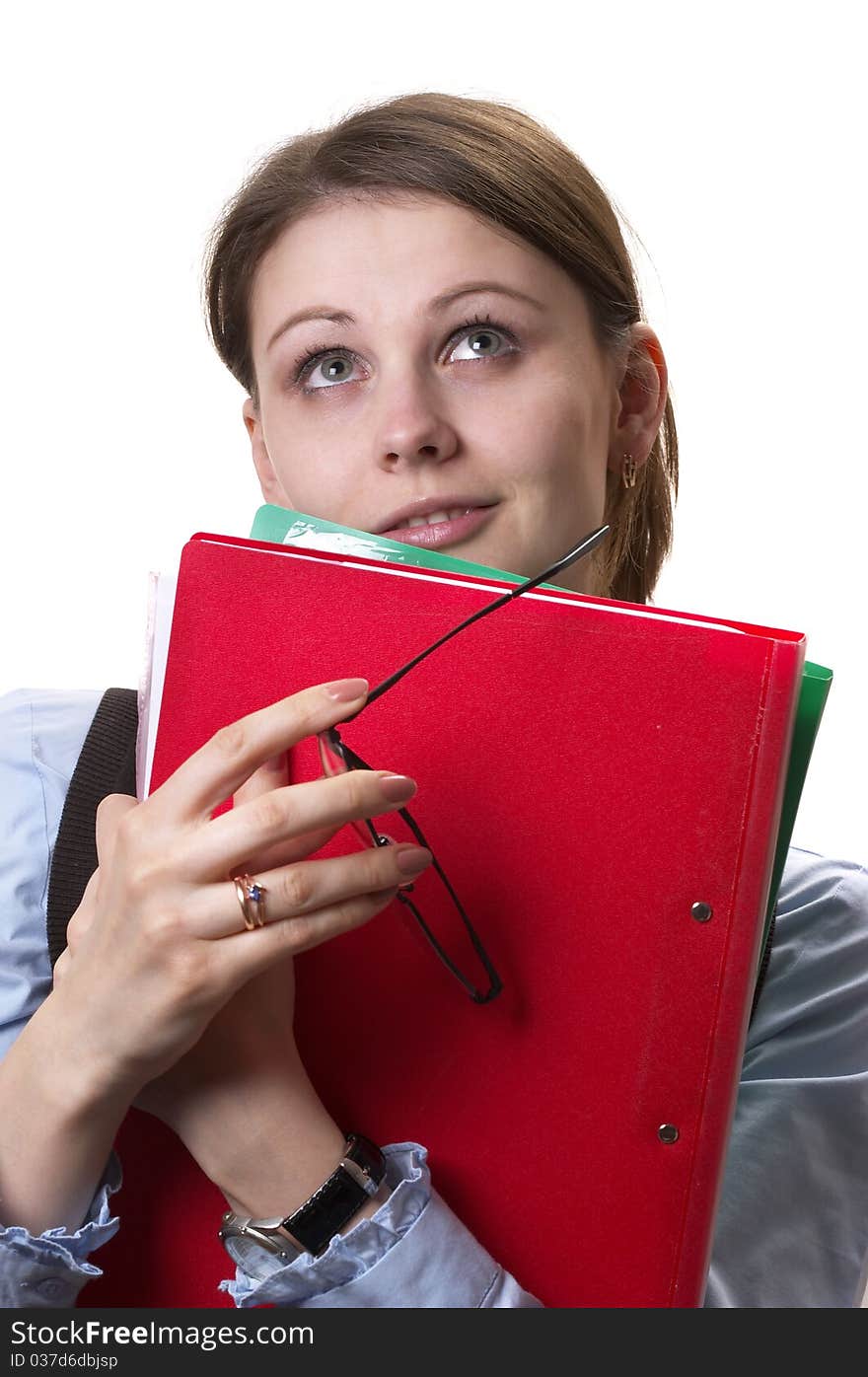 Yong secretary girl with file folders isolated over white background. Yong secretary girl with file folders isolated over white background