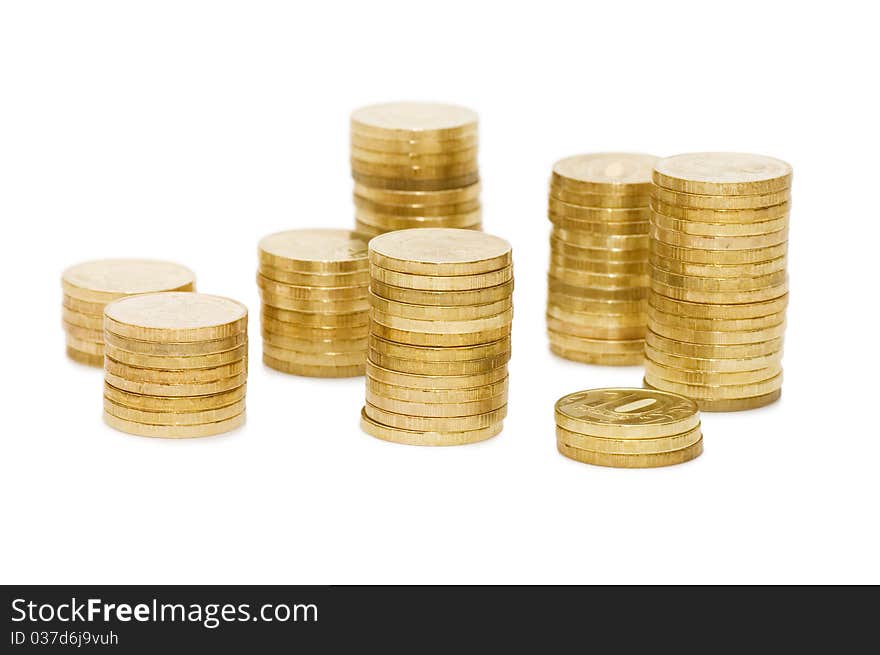 Golden coins isolated on white background