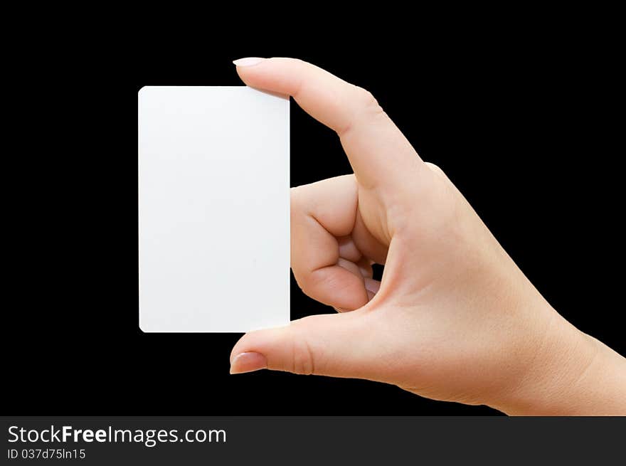 Paper Card In Woman Hand On Black Background