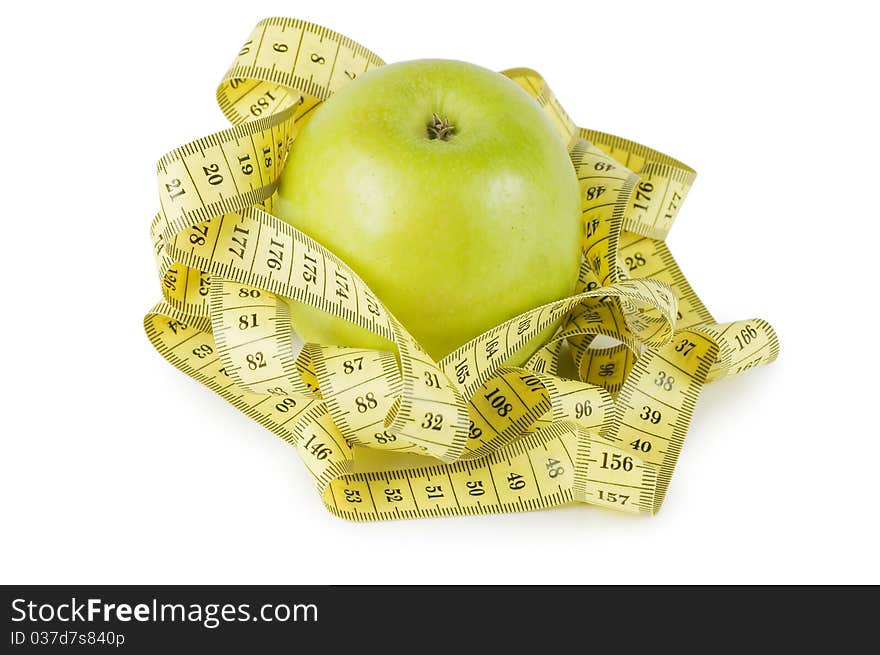 Green apple with tape isolated on white background