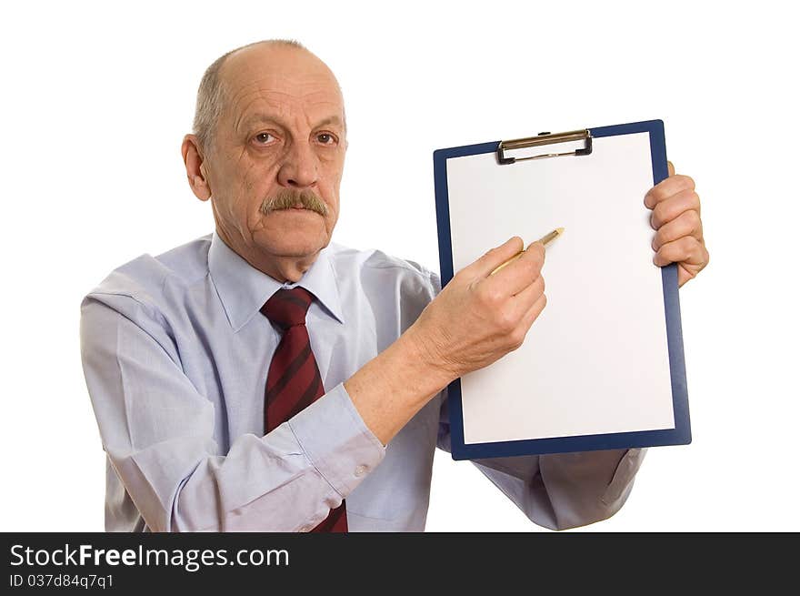 Businessman with a tablet isolated on white