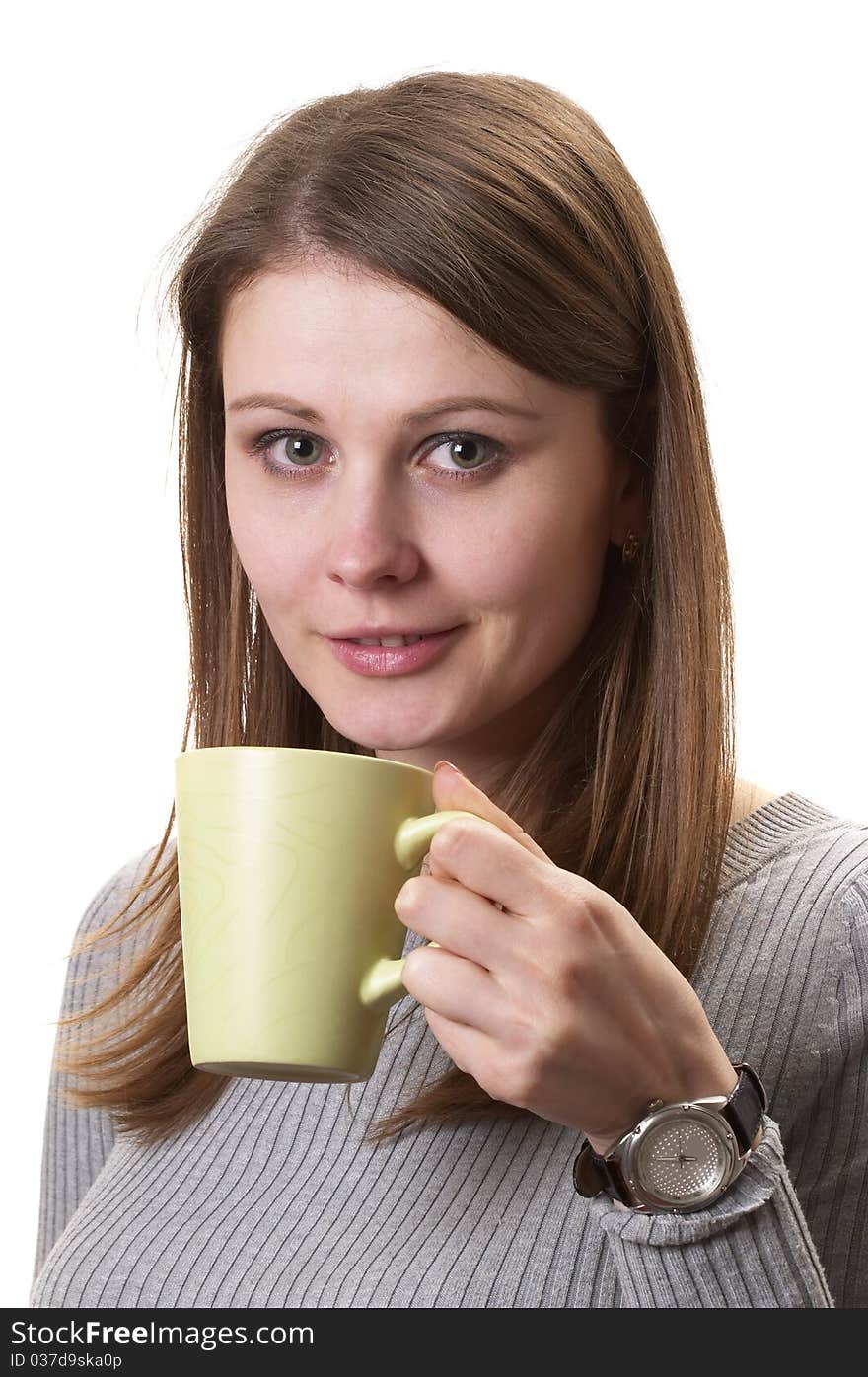 Young woman with green cup in the hands isolated over white background. Young woman with green cup in the hands isolated over white background