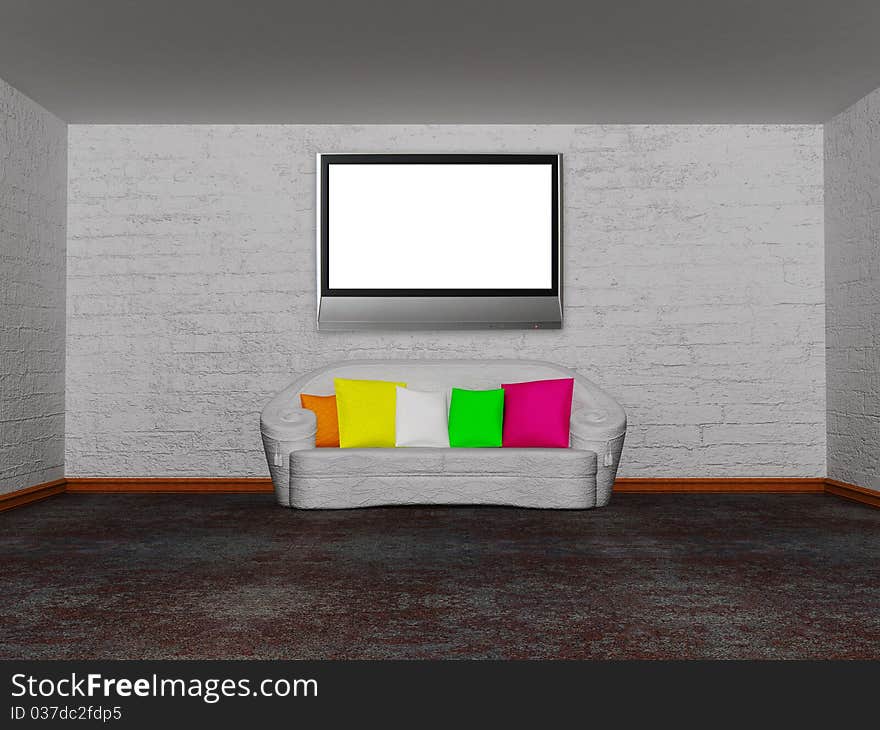 Minimalist living room with white couch with colored cushion and lcd tv. Minimalist living room with white couch with colored cushion and lcd tv