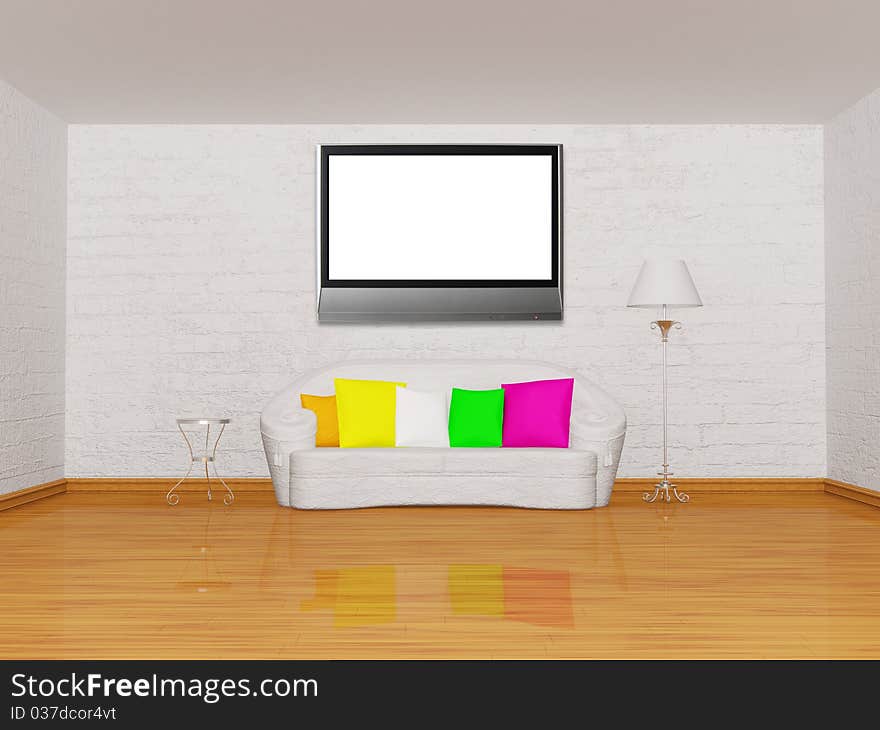 Room with white couch, table, lamp and lcd TV