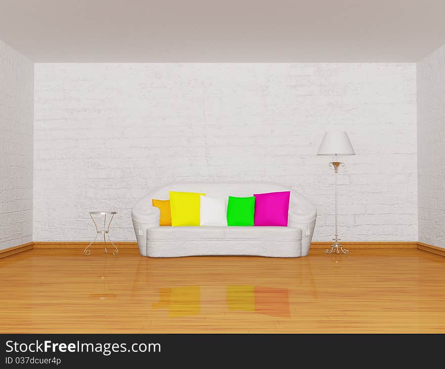 Room with white couch, table and lamp